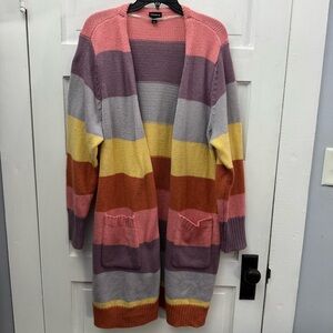 Torrid Striped Long Cardigan Size 1 Plus Colorblock Cozy Duster Sweater FLAW